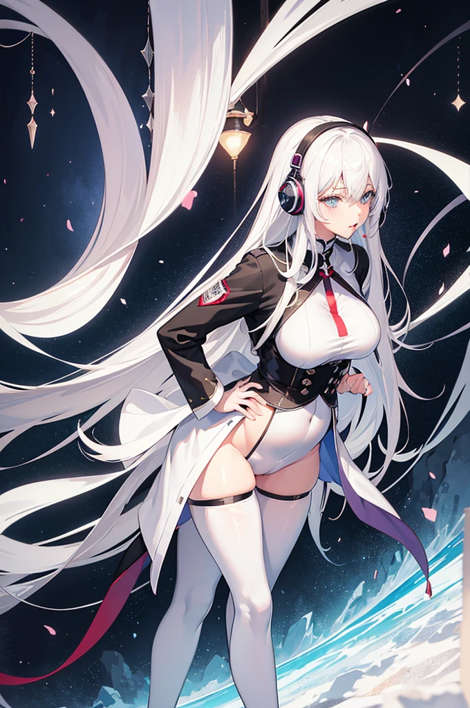 "Anime Girl, 1 person, Silvery white hair mixed with black, blue eyes, Put on your headphones, woman shirt, woman , Large Breasts, Chin on hand, Tights, Standing cross-legged, Licking lips,Red Cliff,whole body ,Solitary,side view, (Full HD 4K+ image)"，Pregnant