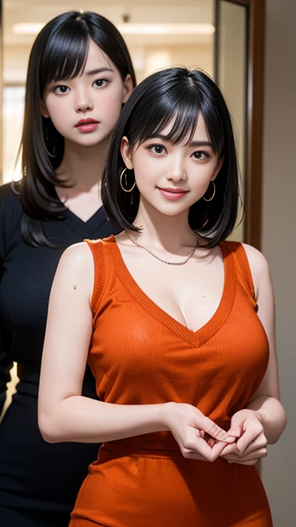 The expensiveest quality, masterpiece, formal, Horror movie-like writing、(Key Light:Front 45 degree angle, Subsidy Light、Backlight、Shadow、Blue and orange color palette), Accurate human body、Knowledgeable person、Correct five-finger、Plaid、 (Dripping sweat、Oilskin,Sparkling肌、Realistic skin texture、Beautiful skin in every detail、Glowing Skin、Glowing Skin) (Mature women standing in a row、Sticking out towards the viewer:1.4), (Detailed pupil, Perfect Eyes:1.2), (Reflect light、Shiny clothes that show wrinkles:1.2), Sparkling, Sparklingした金色, (Hoop Earrings), necklace, Plaid、 Attractive perfect female proportions, Captivating smile, Fine surface texture, beautiful girl, Captivating woman、short hair、Black hair and light inner color、expensive 、(((Big Breasts))), Big cleavage、、gallons of 1、knitting, V-neck bodycon sweater knit dress & Super Crop Top)、(Cowboy Shot: 1.1)