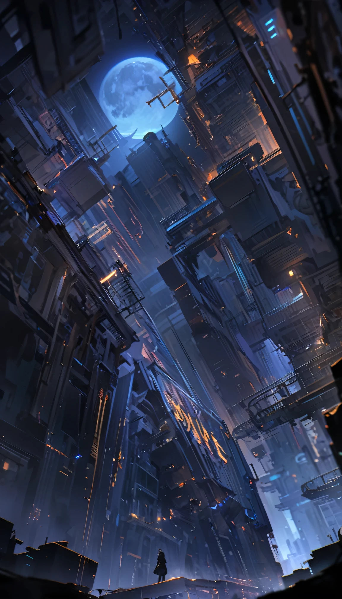 (((masterpiece, Highest quality, High resolution, 超High resolution, Pixel perfect, Written boundary depth, 4K, RTTX10.0))),factory、Complex wiring、mechanical、pattern、technical、{night|真night中}[Big full moon](Blue-black theme、Dark atmosphere)（yellow fluorescent light）