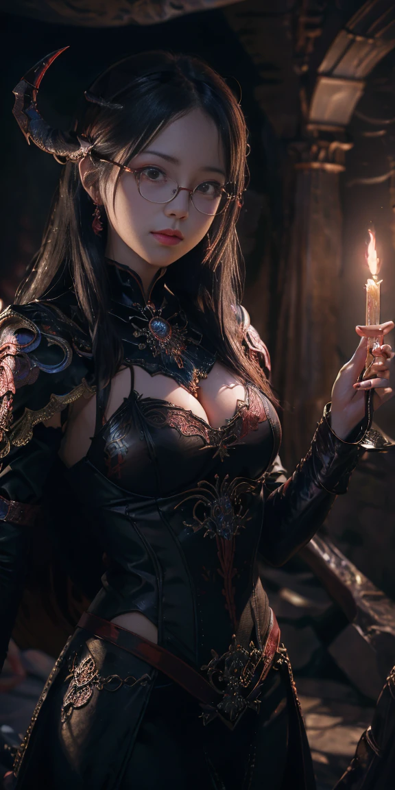 Are you okay、(Best illustrations)、8K UHD resolution、Intricate details、最high quality、Realistic、Ultra-detailed、Glasses、Best lighting、Best Shadow、Soft lighting、ultrahd、Dungeons and Dragon、cave、Dungeons、 Necromancer、night、Dark Style、Succubus、Devil's Daughter、Bat Wings,(((悪魔のホーンラック縁の丸Glasses))))、(((Huge boobs)))、(Devil's Tail)、(Red eyes glow:1.6)、masterpiece、Beautiful expression、Tyndall effect、Photo Real、(High Definition Skins:1.2)、8 time、Digital SLR、high quality、picture、High resolution、 Absurd、Ponytail Distortion、The optimal ratio is four fingers to one thumb、1 girl、hair ornaments、赤い輝くgemのネックレス、gem、Beautiful expression、Body Up、big breasts attention、Tight waist、Wide ass、Tyndall effect、Photorealistic、(High Definition Skins:1.2)、Pink Cat