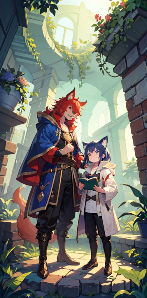 Humans and furry, Human boy holding a worn out magic book ,Standing beside him is a red-haired, green-eyed wolf cub.