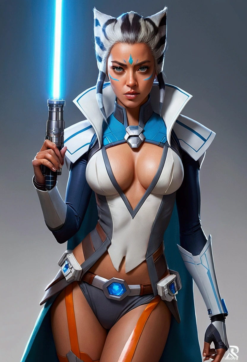 Ahsoka Tano in blue suit , lightsaber with a big chest, lindosexyrobutts, Symmetra de Overwatch, samira from league of legends, extremely detailed artistic germ, Senna de League of Legends, inspired by rossdraws, Wlop and Ross draw, in artgerm style, as seen on artgerm, supervisory farah, AMBER HEARD