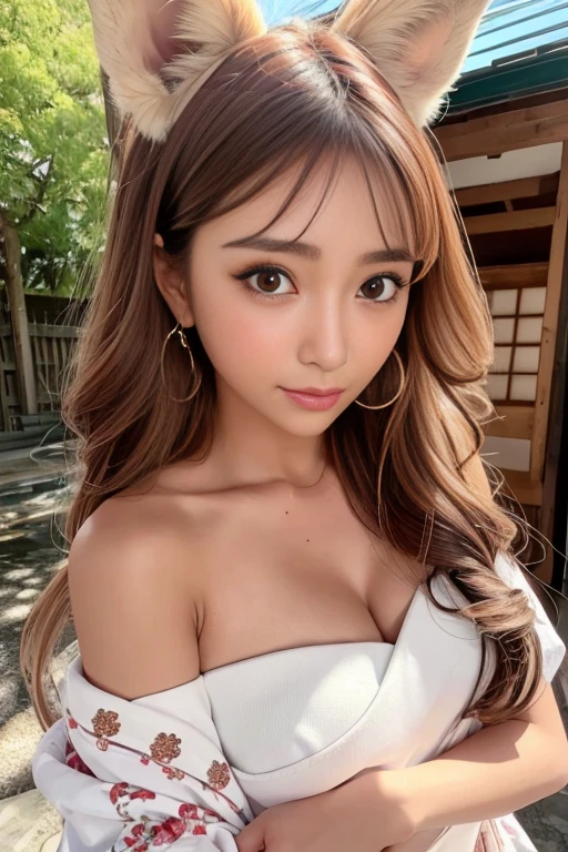 Small fox ears、((Tanned Gal))、((Tanned Gal))、one girl, (a beauty girl, delicate girl:1.3), (, change:1.3), break,((Shrine maiden costume)),(Brown fox ears) break, Definition of Very Fine Particles, (Symmetrical eyes:1.3), break, (alley, Kyoto:1.3), perfectly trimmed fingers, break, (Beautiful medium milk), Brown eyes, Parted bangs, Brown Hair, girl, break, (Eye and facial details:1.0), break, (masterpiece, Highest quality, Very detailed, Detailed face, 8k)