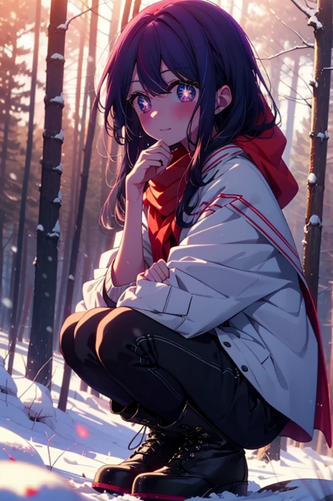 aihoshino, Ai Hoshino, Long Hair, bangs, (Purple eyes:1.1), Purple Hair, (Symbol-shaped pupil:1.5), smile,,smile,blush,white breath,
Open your mouth,snow,Ground bonfire, Outdoor, boots, snowing, From the side, wood, suitcase, Cape, Blurred, , forest, White handbag, nature, Squat, Mouth closed, Cape, winter, Written boundary depth, Black shoes, red Cape break looking at viewer, Upper Body, whole body, break Outdoor, forest, nature, break (masterpiece:1.2), Highest quality, High resolution, unity 8k wallpaper, (shape:0.8), (Beautiful and beautiful eyes:1.6), Highly detailed face, Perfect lighting, Extremely detailed CG, (Perfect hands, Perfect Anatomy),