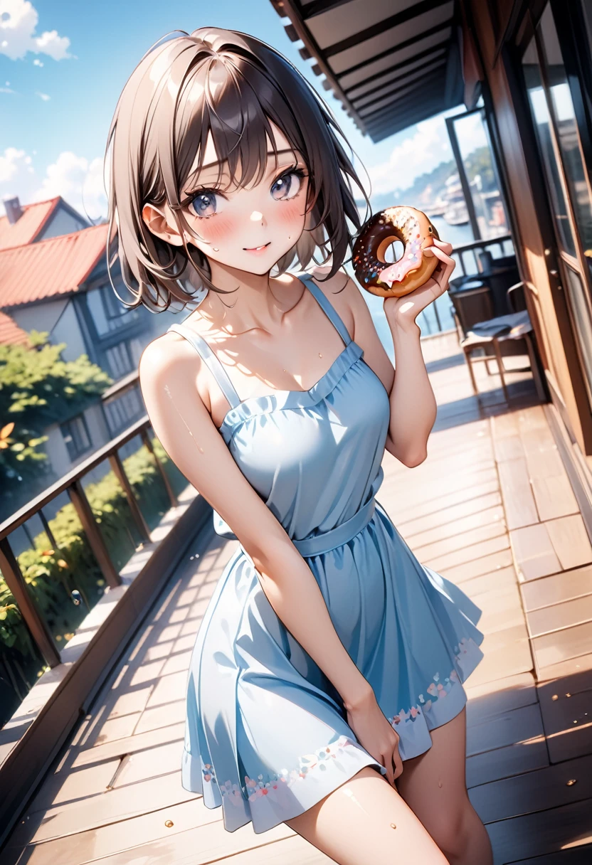 (((Eating Donuts))), (((Summer Dresses, skirt))), (Shiny Costumes))), skindentation, skinny, solo, 1 woman, Masterpiece, highest quality, highest quality, 16K, incredibly absurd, highly detailed, 2.5D, ai-generated, delicate and dynamic, very delicate facial expressions, delicate eye depiction, erotic, only sexy woman, ((A cute and kind face)), healthy figure, ((25-year-old woman)), 160cm tall, medium firm swaying bust, blush, Sweat,Embarrassed,sexy, ((thin thighs)), (camel toe:0.7), (visible nipples:0.5), (Erect nipples,:0.7), shiny and lustrous, facing straight at viewer, (((in heat))), ((Oily_skin)), ((dutch angle)), ((erotic pose)),, ((On a terrace in midsummer)),
