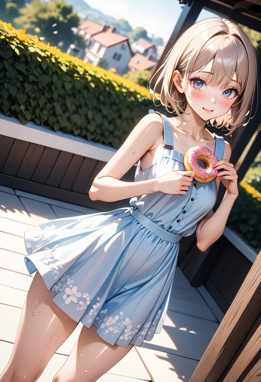 (((Eating Donuts))), (((Summer Dresses, skirt))), (Shiny Costumes))), skindentation, skinny, solo, 1 woman, Masterpiece, highest quality, highest quality, 16K, incredibly absurd, highly detailed, 2.5D, ai-generated, delicate and dynamic, very delicate facial expressions, delicate eye depiction, erotic, only sexy woman, ((A cute and kind face)), healthy figure, ((25-year-old woman)), 160cm tall, medium firm swaying bust, blush, Sweat,Embarrassed,sexy, ((thin thighs)), (camel toe:0.7), (visible nipples:0.5), (Erect nipples,:0.7), shiny and lustrous, facing straight at viewer, (((in heat))), ((Oily_skin)), ((dutch angle)), ((erotic pose)),, ((On a terrace in midsummer)),