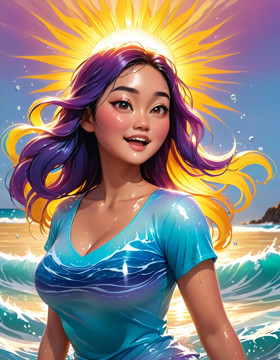 a beautiful busty asian woman, wet t-shirt, beach, surreal waves, glowing skin, dynamic pose, detailed face and features, long flowing hair, water splashing, golden sun rays, vibrant colors, cinematic lighting, photorealistic, (best quality,4k,8k,highres,masterpiece:1.2),ultra-detailed,(realistic,photorealistic,photo-realistic:1.37)