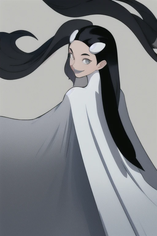 Tinya Wazzo, solo,black hair, long hair. grey eyes, smile, grey lips, white cape, From Behind, From Below, cape infront, beautiful cape,  