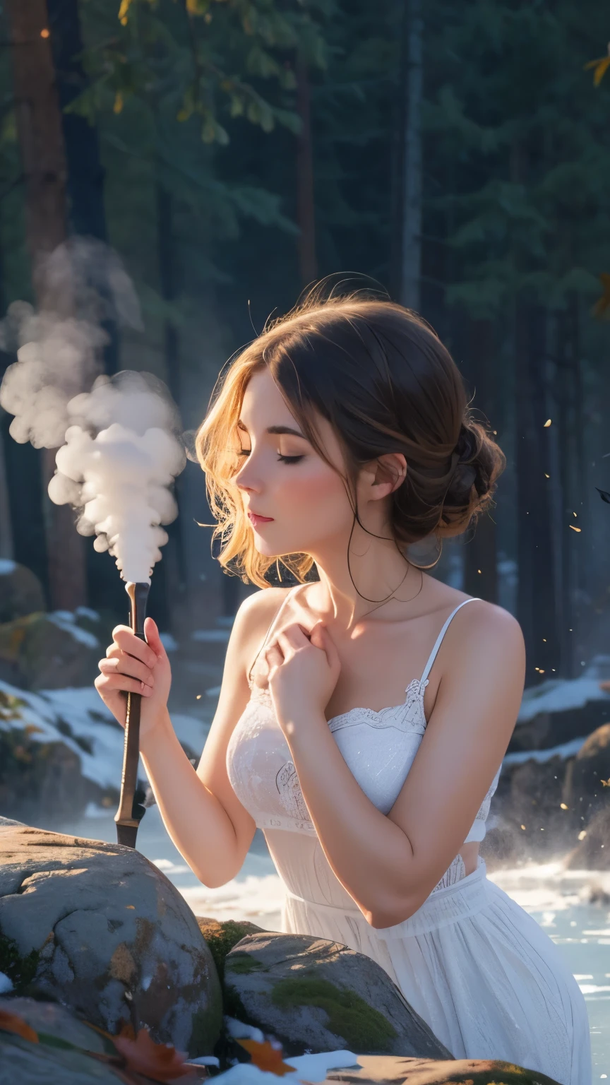 upper body, pretty face, woman exhaling steam, frezzing place, beata undine, fallwather