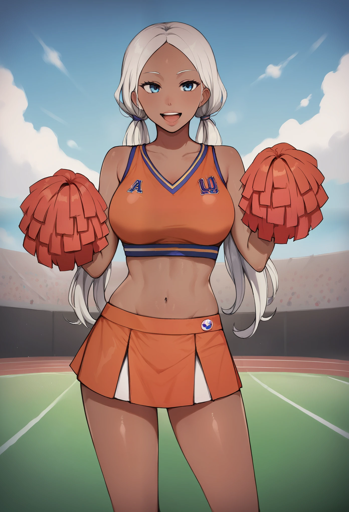 Score_9, 1girl, white hair, curly hair, parted bangs, dark skinned girl, very dark skin girl, long hair, low twintails, bare forehead, blue eyes, puffy lips, breasts, thighs, young girl, red cheerleader outfit, midriff, skirt, sports field, blue sky, smile, open mouth, shiny skin, (cowboy shot), body upclose, standing