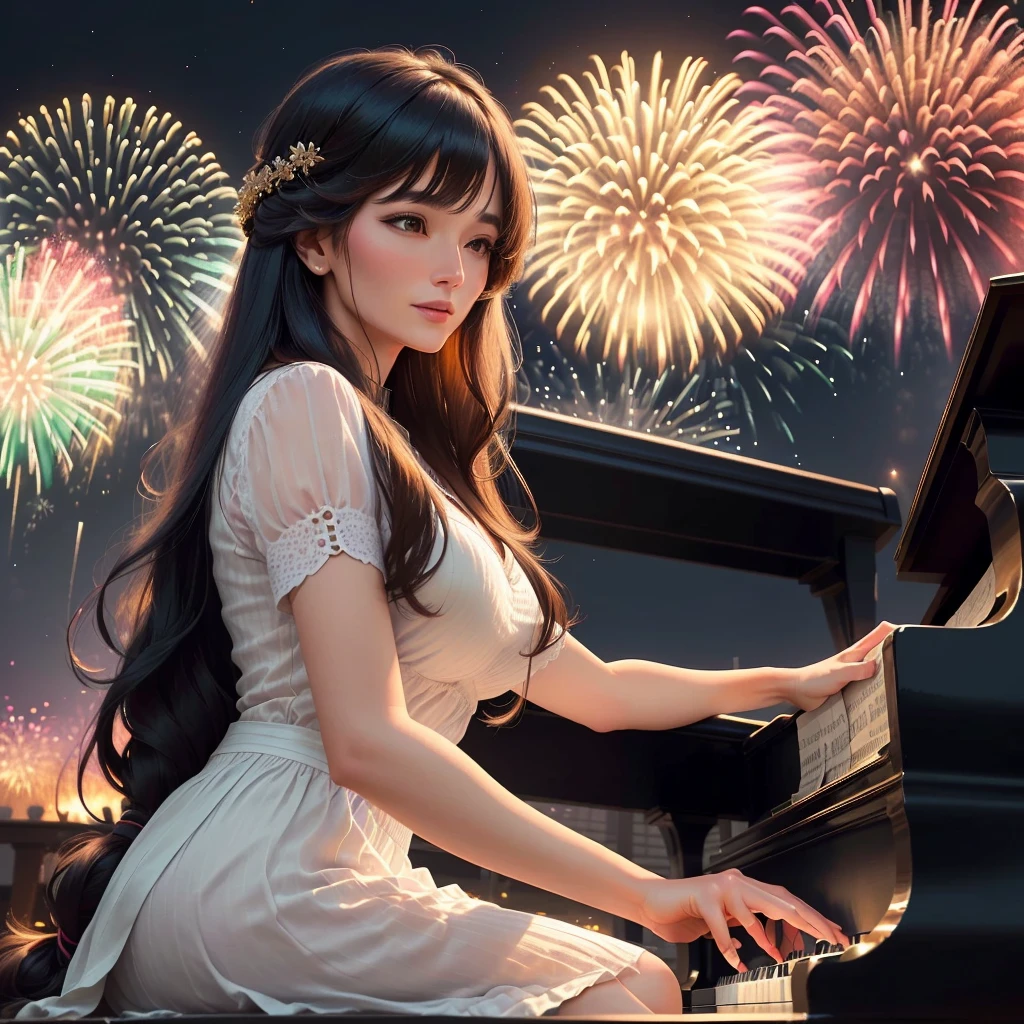 A woman in her 30s with long hair and parted bangs playing the piano with a fireworks display in the background, Anime Style