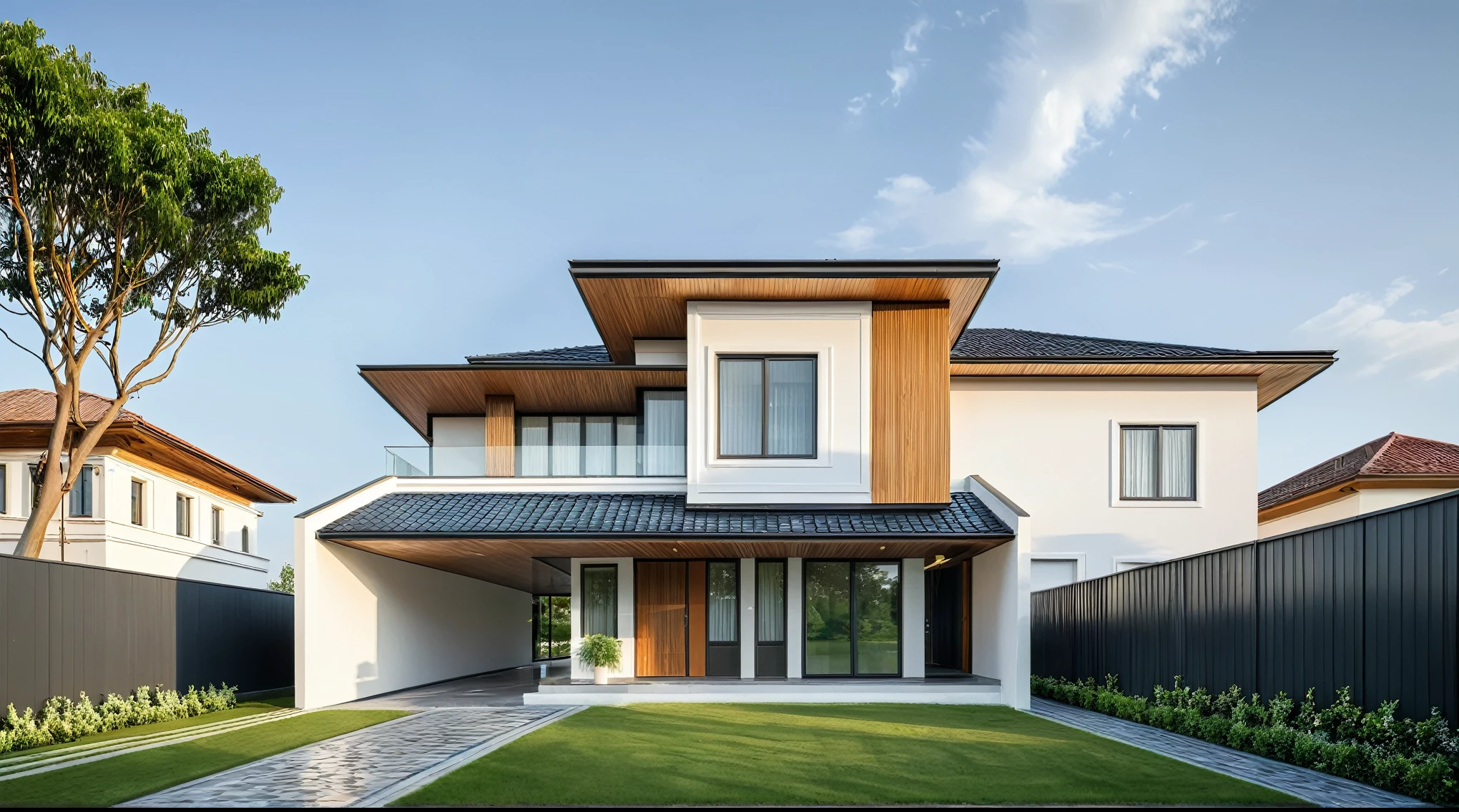 Two-storey villa, modern style, large lawn in front of the house, fence with climbing plants, white walls, wooden ceiling, large glass doors, tiled roof, wooden porch, gray and white tones, daylight, clear blue sky, ((warm interior lighting)), modern material, best quality, ultra realistic, masterpiece, 17ArchiAI_XL_VL-v1