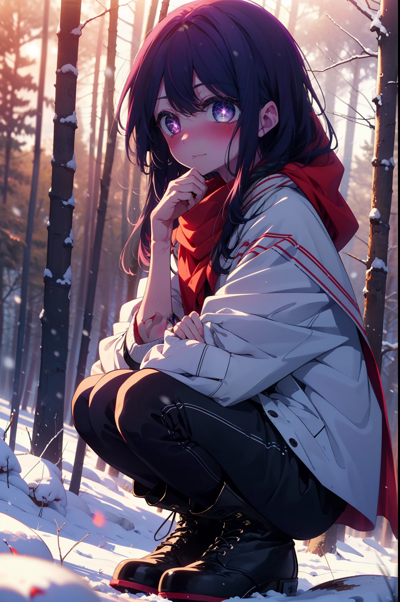 aihoshino, Ai Hoshino, Long Hair, bangs, (Purple eyes:1.1), Purple Hair, (Symbol-shaped pupil:1.5), smile,,smile,blush,white breath,
Open your mouth,snow,Ground bonfire, Outdoor, boots, snowing, From the side, wood, suitcase, Cape, Blurred, , forest, White handbag, nature,  Squat, Mouth closed, Cape, winter, Written boundary depth, Black shoes, red Cape break looking at viewer, Upper Body, whole body, break Outdoor, forest, nature, break (masterpiece:1.2), Highest quality, High resolution, unity 8k wallpaper, (shape:0.8), (Beautiful and beautiful eyes:1.6), Highly detailed face, Perfect lighting, Extremely detailed CG, (Perfect hands, Perfect Anatomy),