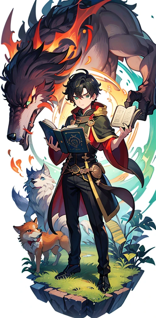 Humans and furry,black hair asian human boy holding a worn out magic book ，Standing beside him is a red-haired, green-eyed wolf .
