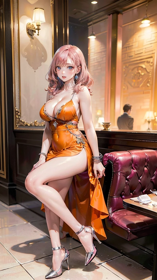 ((Highest quality, 8k, masterpiece :1.3)), (Sharp focus :1.2, Beautiful woman with perfect figure :1.4, Slim Abs), ((Big Breasts, Emphasize cleavage:1.2)), (Photorealistic:1.4), (realistic:1.4), (Pink Hair:1.5), Highly detailed face and skin texture, Fine grain, double eyelid. Makeup face, A little bit of lipstick, sex appeal, Sexy gravure pose, ((A girl wearing an orange dress、Posing seductively in a fancy restaurant at night。Large hoop earrings and a silver bracelet、She wears high heels that accentuate her beautiful legs.。:1.3))