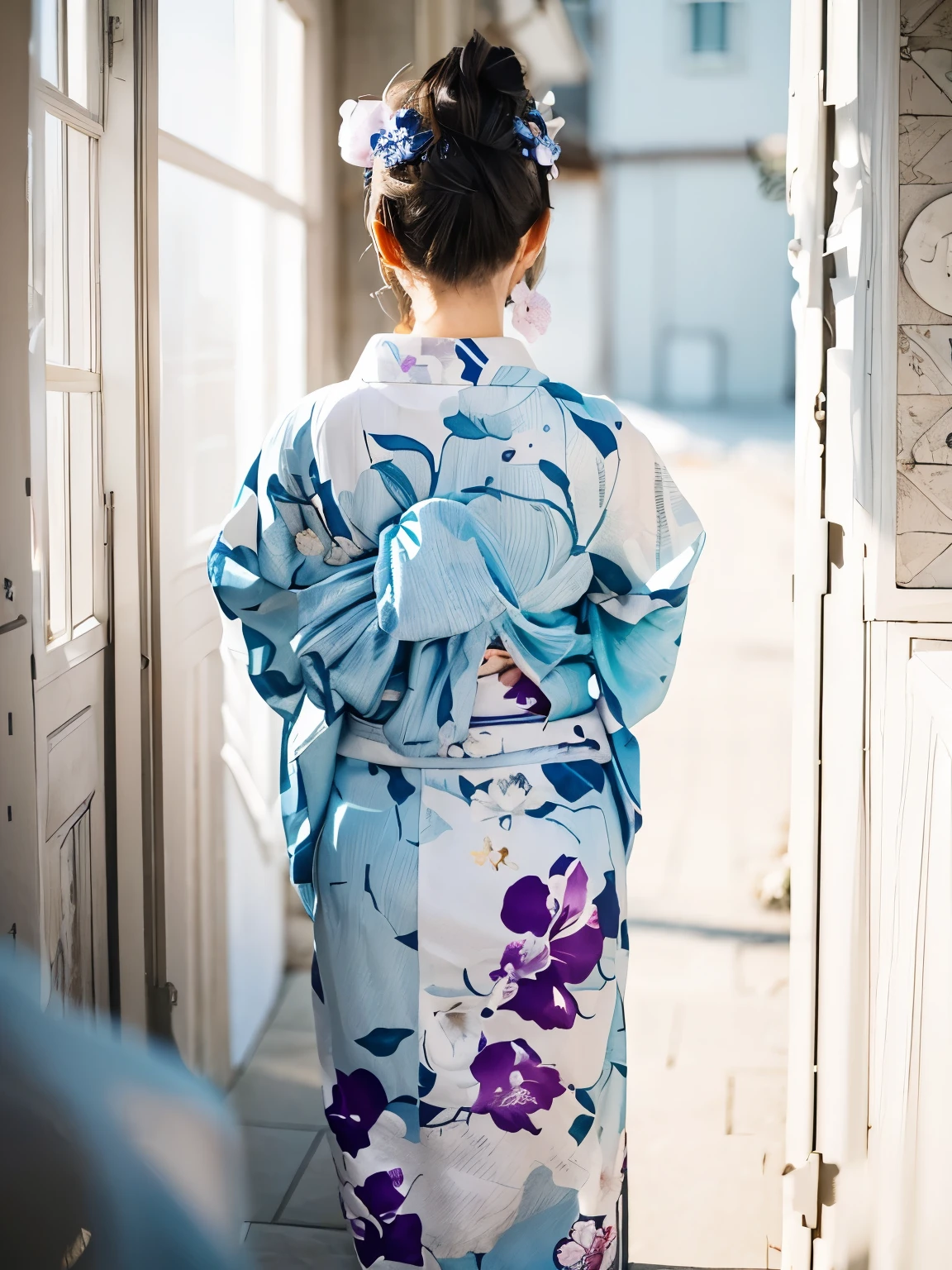 ((Highest quality)), ((masterpiece)), (detailed), (((back of head))),(yukata),girl, Mature Woman,yukata,Back view,detailedなヘアスタイル,Upstyle,White skin,Japanese women,Light blue kimono,Light blue outfit,Beautiful Obi,Fancy hair accessories,White background