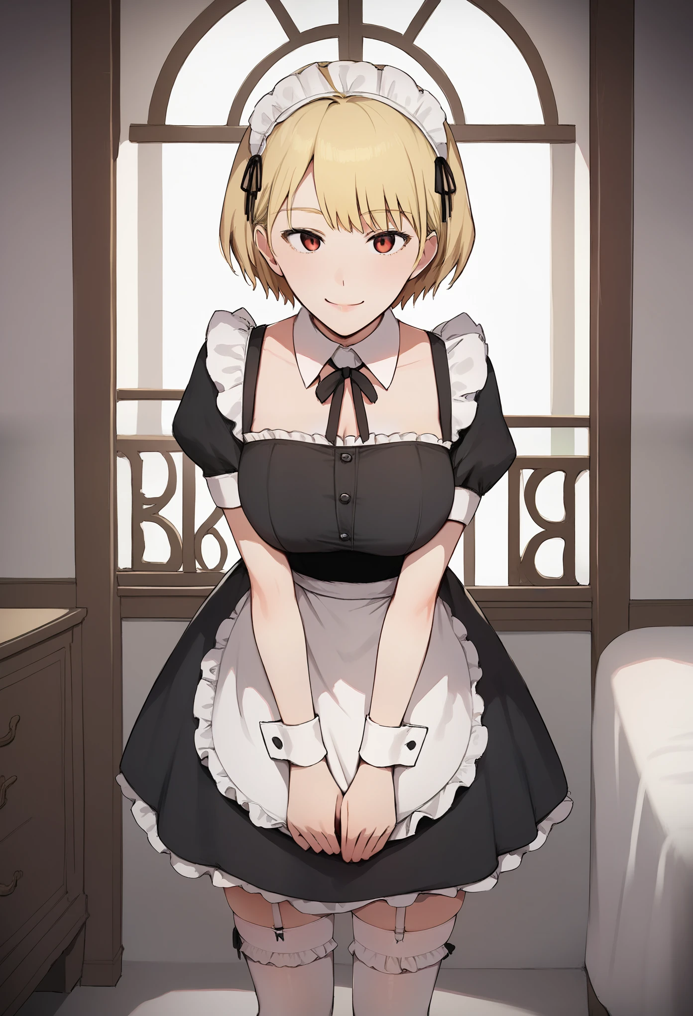 score_9, score_8_up, score_7_up, source_anime, rating:general, masterpiece, best quality, 1girl, leaning forward, smile, bangs, breasts, maid headdress, maid, frills, black dress, detached collar, puffy short sleeves, wrist cuffs, apron, white thighhighs, wavy short hair, blonde hair, looking at viewer,