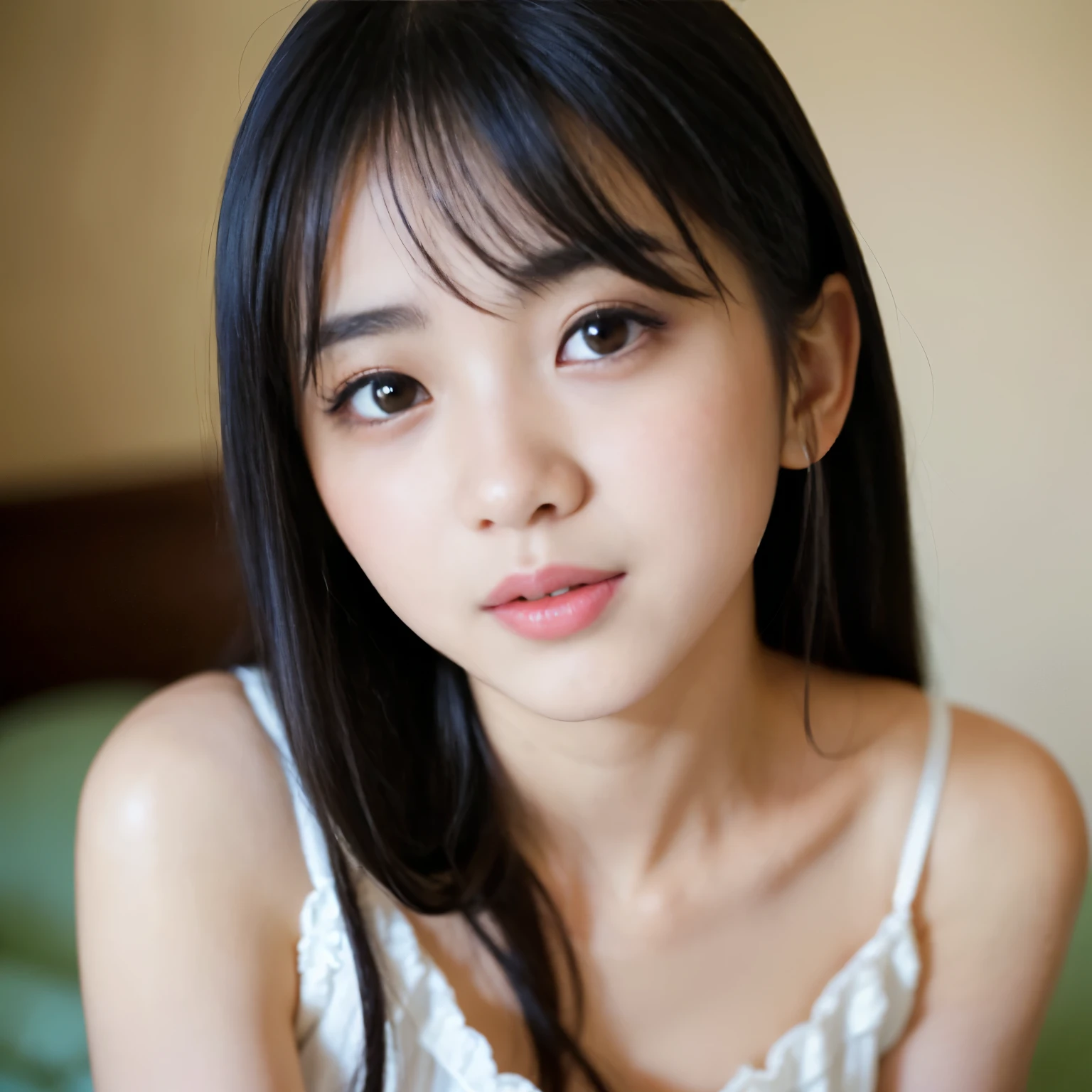 (Best-quality, Masterpiece, Ultra-High-Resolution, (Photorealistic:1.4), Raw Photo, depth of field, professional lighting, perfect anatomy, extremely details), (1girl, 15-years-old, the most famous Japanese idol), (((((feeling great sexual pleasure))))), wearing casual-dress, looking at viewer, ((((extremely beautiful and extremely realistic skins)))), (((extremely cute face like the most popular Japanese idol)), (((extremely cute and extremely big black-eyes))), (extremely beautiful black-long-hair), (extremely cute long-eyelashes), (extremely cute lips))