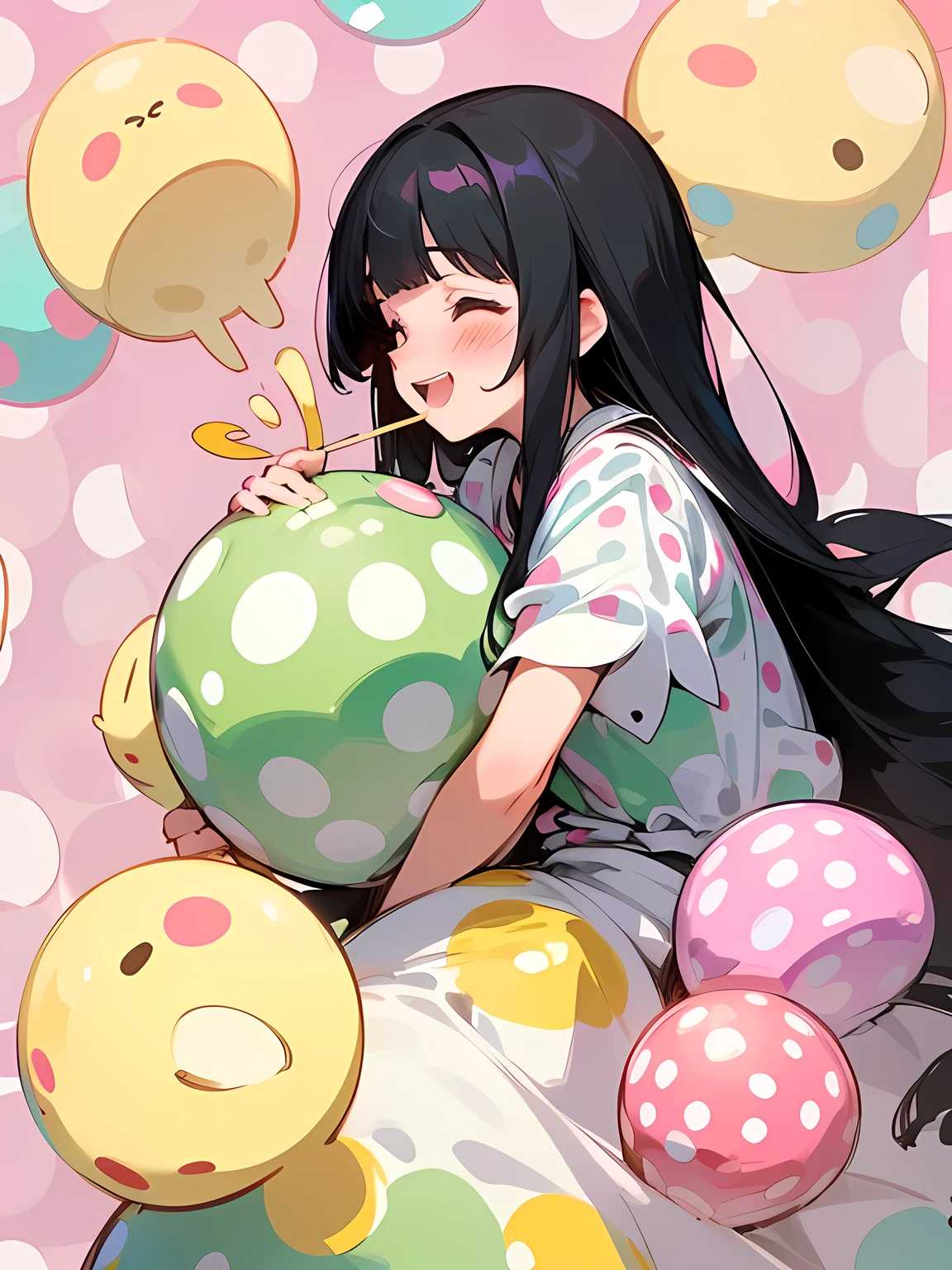 sideview,(black Alice in Wonderland),((straight pure black thin long hair:1.2)),(very short black hair sideburns),(blunt bangs),(A vibrant and lively background:1.2),(Pop and cute polka dot pattern:1.45)),((You are the main character!:1.2)),(Beautiful images:1.15),(high quality:1.15),((Perfect graphics:1.15)),Big smile,(blush、Embarrassed laugh:1.25),(white、pink、cream、black、yellow,mint)
