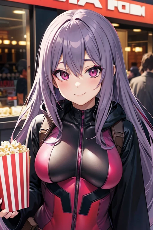 Anime Girl 2d Long Hair Loose light Purple-Grayish, Age Adulthood adult, with Deadpool red-black cosplay and bautifull make up in front of a cinema smiling with popcorn 