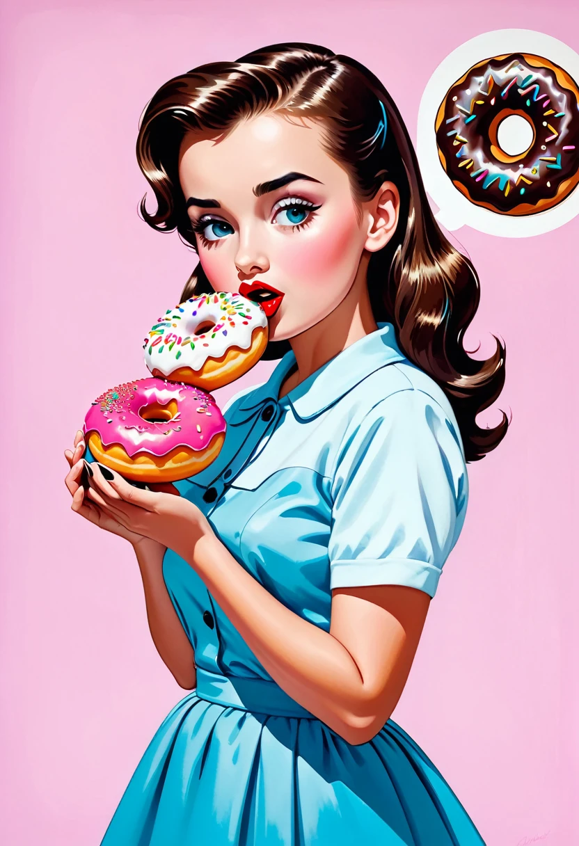 One girl, alone, Eating a donut while standing, American Art、50's,Pop Art,colorful, Life&#39;s bliss, graphic design, figure,  