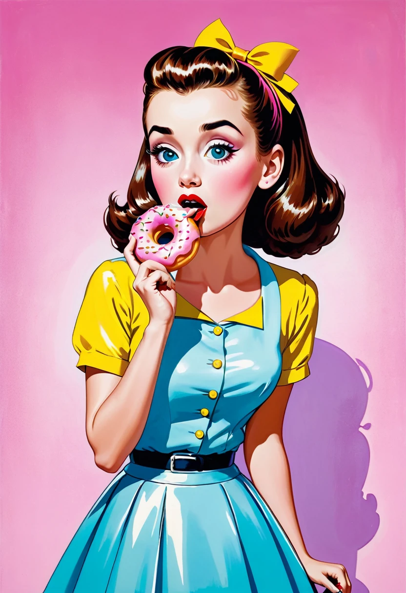 One girl, alone, Eating a donut while standing, American Art、50's,Pop Art,colorful, Life&#39;s bliss, graphic design, figure,  