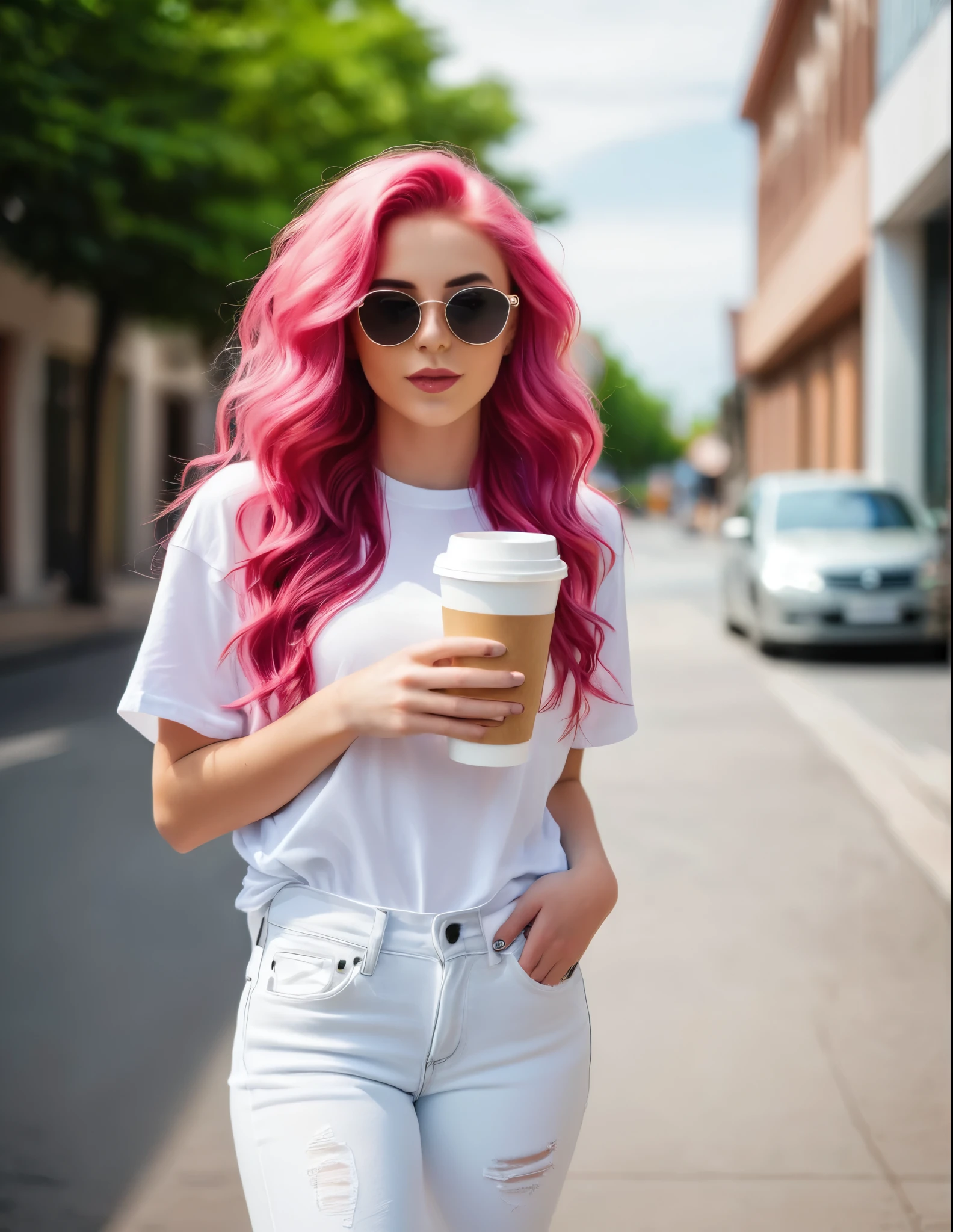 Very attractive 25 year old caucasian female with long wavy bright pink hair, wearing white t-short, jeans, sunglasses, carrying disposable coffee cup, photo quality