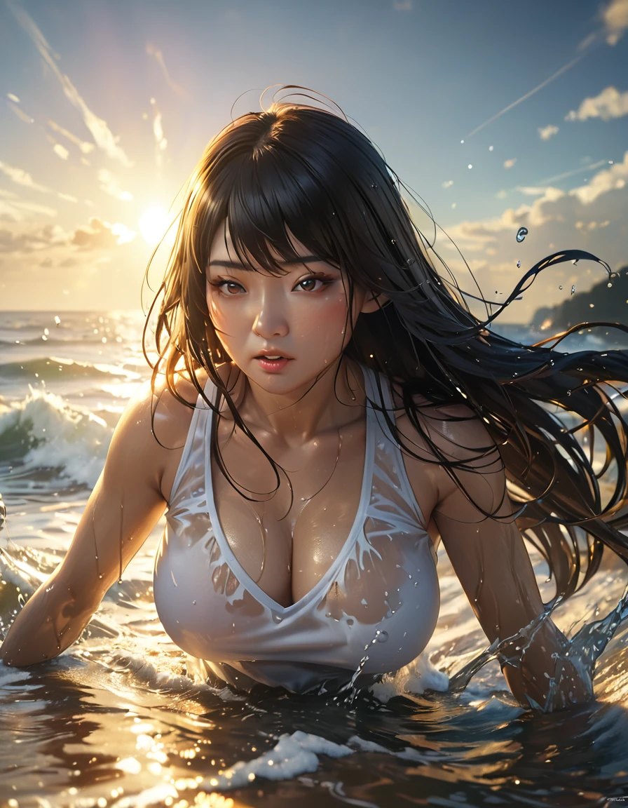 a beautiful busty asian woman, wet t-shirt, beach, surreal waves, glowing skin, dynamic pose, detailed face and features, long flowing hair, water splashing, golden sun rays, vibrant colors, cinematic lighting, photorealistic, (best quality,4k,8k,highres,masterpiece:1.2),ultra-detailed,(realistic,photorealistic,photo-realistic:1.37)