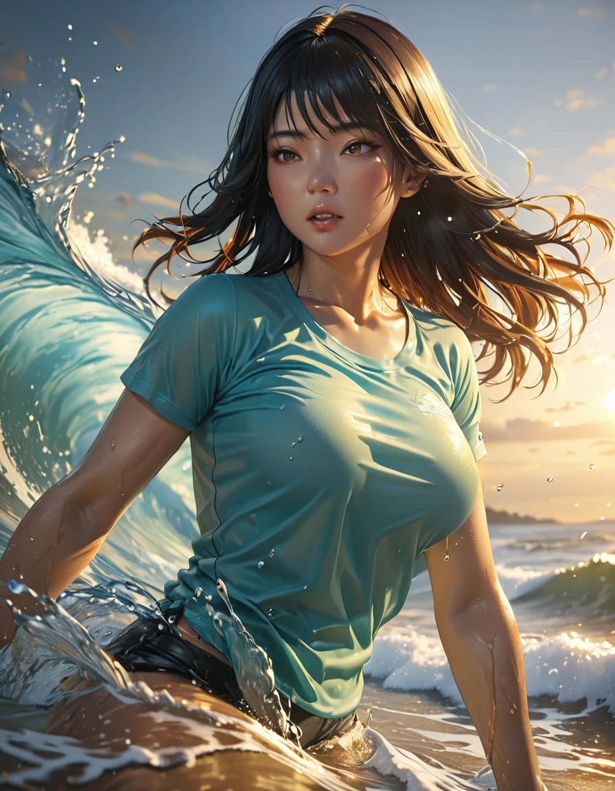 a beautiful busty asian woman, wet t-shirt, beach, surreal waves, glowing skin, dynamic pose, detailed face and features, long flowing hair, water splashing, golden sun rays, vibrant colors, cinematic lighting, photorealistic, (best quality,4k,8k,highres,masterpiece:1.2),ultra-detailed,(realistic,photorealistic,photo-realistic:1.37)