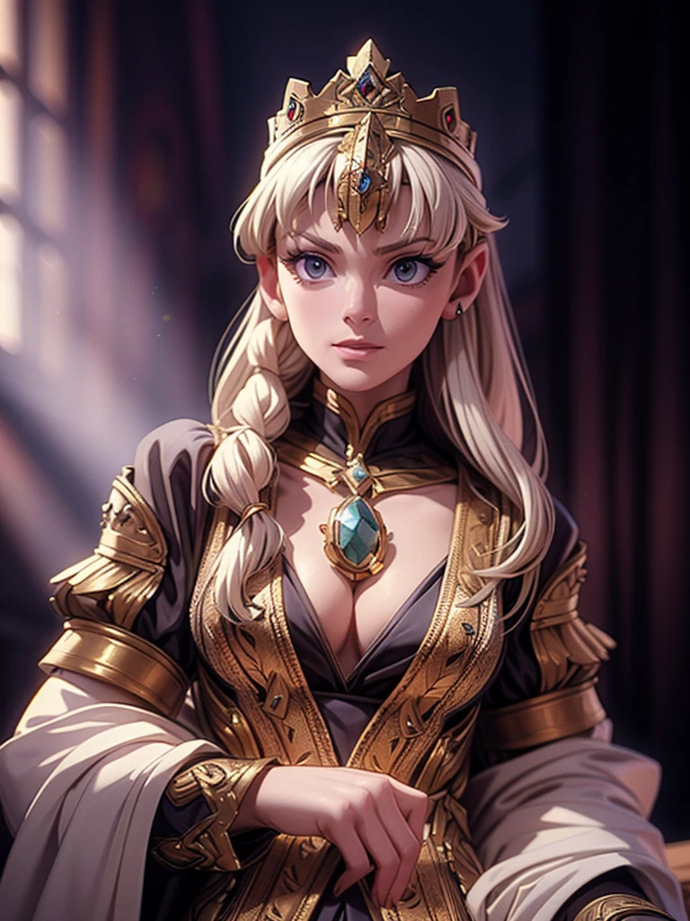 A girl with long golden hair, choppy bangs, Nordic heritage, a  figure, delicate facial features, pale skin, porcelain skin, an innocent yet determined gaze, she wears an exquisite headband, dressed in a fantasy-style Slavic royal dress, a fur shawl draped over her shoulders, wide sleeves, a luxurious layered skirt, the background features a fantasy-style royal castle, this character embodies a finely crafted fantasy-style Slavic princess in anime style, exquisite and mature manga art style, high definition, best quality, highres, ultra-detailed, ultra-fine painting, extremely delicate, professional, anatomically correct, symmetrical face, extremely detailed eyes and face, high quality eyes, creativity, RAW photo, UHD, 32k, Natural light, cinematic lighting, masterpiece-anatomy-perfect, masterpiece:1.5 sultry look, seductive