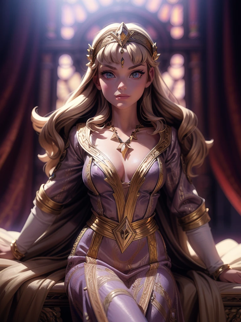 A girl with long golden hair, choppy bangs, Nordic heritage, a  figure, delicate facial features, pale skin, porcelain skin, an innocent yet determined gaze, she wears an exquisite headband, dressed in a fantasy-style Slavic royal dress, a fur shawl draped over her shoulders, wide sleeves, a luxurious layered skirt, the background features a fantasy-style royal castle, this character embodies a finely crafted fantasy-style Slavic princess in anime style, exquisite and mature manga art style, high definition, best quality, highres, ultra-detailed, ultra-fine painting, extremely delicate, professional, anatomically correct, symmetrical face, extremely detailed eyes and face, high quality eyes, creativity, RAW photo, UHD, 32k, Natural light, cinematic lighting, masterpiece-anatomy-perfect, masterpiece:1.5 sultry look, seductive