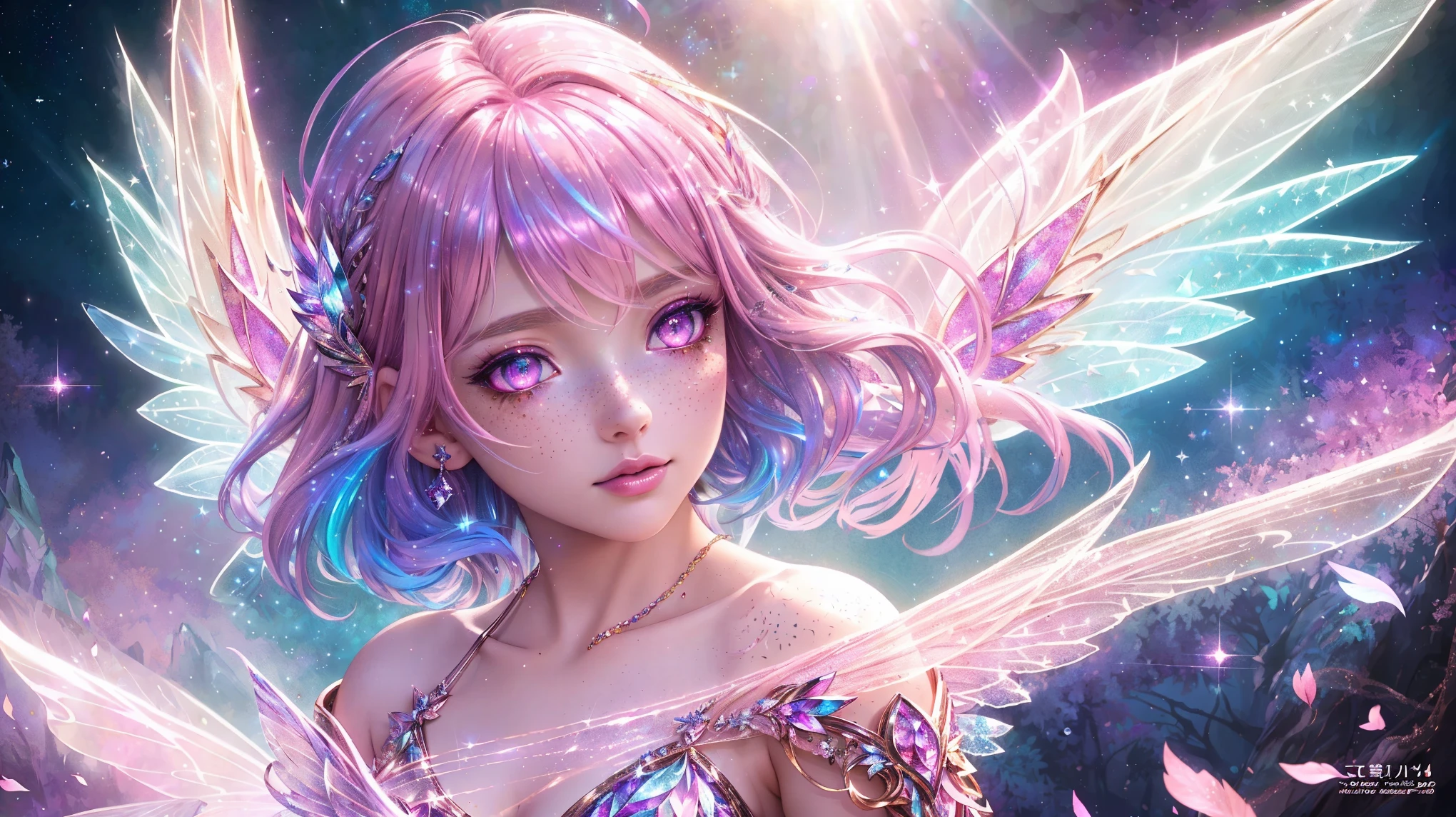  (Best quality image, masterpiece, ultra-detailed, HD), Dark fairy princess, 2 large broken glittered wings, gorgeous face details, freckles, light pink eyes, mystic multi-colored hair, shimmer, boheh, light play, cinematic dance motion, stunning graphical artwork, professional illustration, 12k 