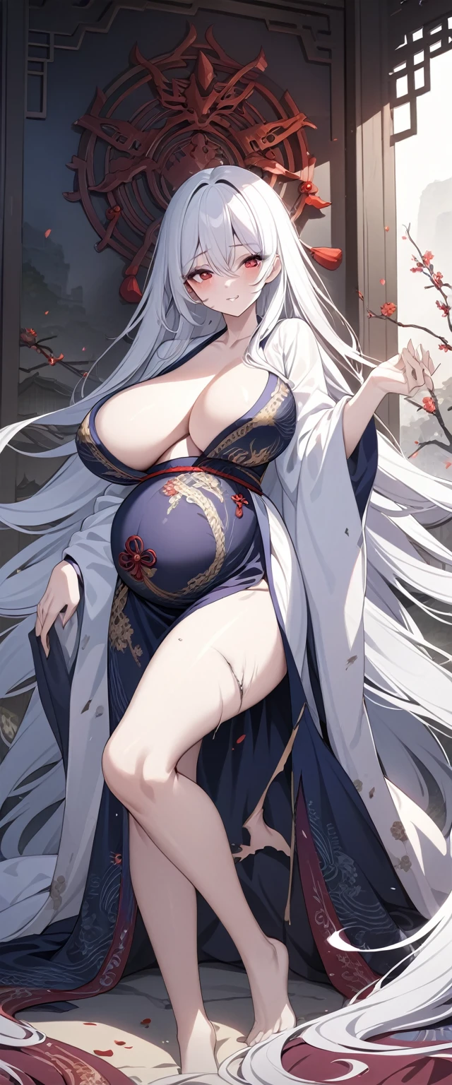 nsfw, masterpiece, extra limbs, 1goddess , age fifties woman 2600 years old, (white absurdly long hair blunt bangs hime cut pubic hair),(((tareme rose eyes))), large breasts large areolas fat body beautiful breasts, (((happy))), nude, standing breast hold,pregnant,pale skin,raven wings,japanese shrine miko,japanese shrine,night