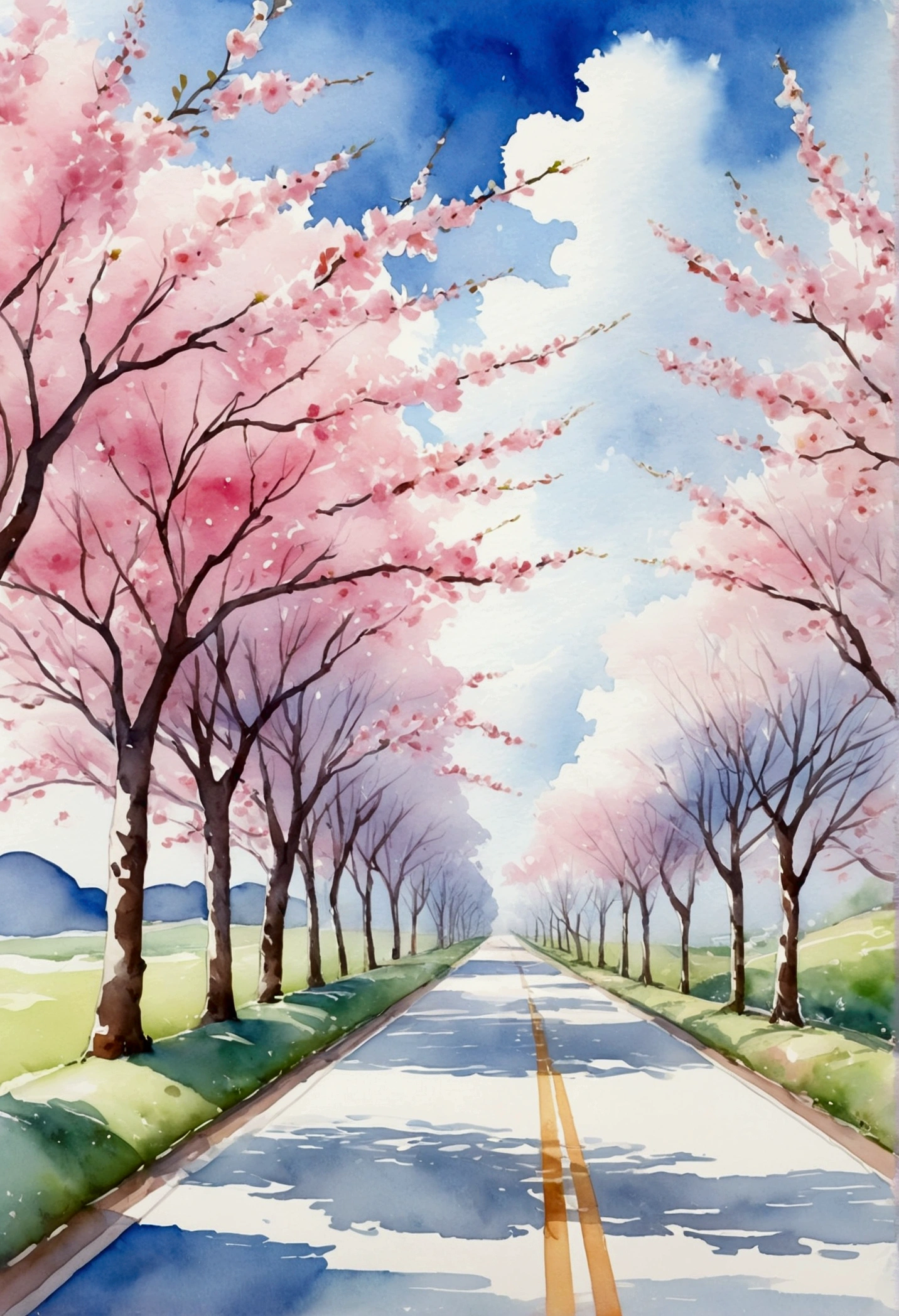 Blue sky and white clouds，The road is lined with beautiful cherry blossom trees，WaterColor style