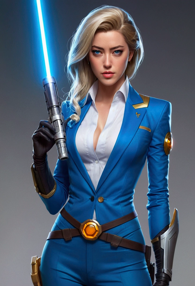 AMBER HEARD in blue suit , lightsaber with a big chest, lindosexyrobutts, Symmetra de Overwatch, sabina from star wars, extremely detailed artistic germ, Senna de League of Legends, inspired by rossdraws, Wlop and Ross draw, in artgerm style, as seen on artgerm, supervisory farah,