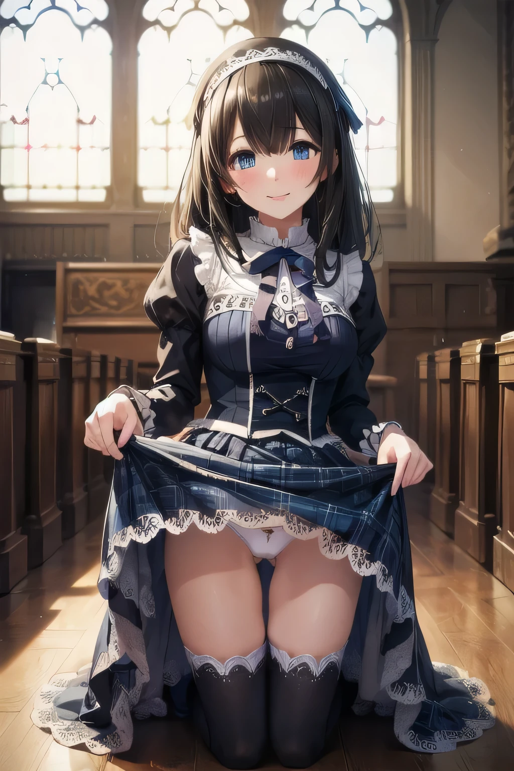 very cute and beautiful girl,(highly detailed beautiful face), (smile),blush,black hair,cowboy shot,looking at viewer,kneeling, (classic blue plaid ta dress with detailed frills),detailed lace,skirt lift,(white panties), altar,church,indoors, (best quality,masterpiece:1.2),absurdres,highres,ultra-detailed,extremely detailed,32k,8k resolution, intricate details,cinematic scene,detailed background,solo,dynamic angle,(realistic),perfect hands,