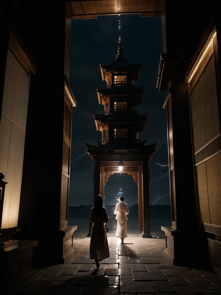 Realistic image, on a dark moonless night in a mysterious pagoda temple, two giant statues stand together in front of the temple gate, 3-4 white-clothed practitioners walk into the temple holding lanterns, the lantern light shines from the side, amidst the heavy rain and lightning, the shadows created by the light falling on the atmosphere look mysterious and desolate, the effect is exaggerated, 4K high definition