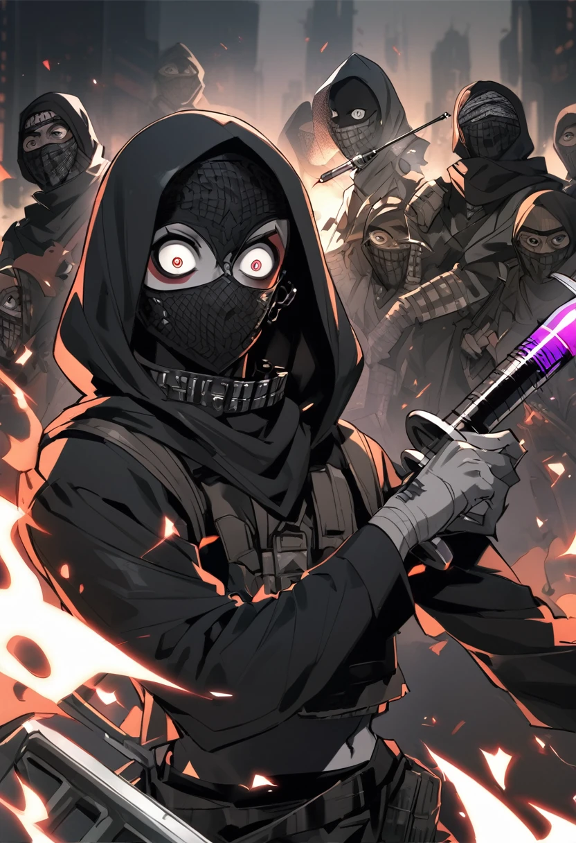 Male arab modern terrorist, terrorist, black balaclava, black bandage, black eyes, crazy eyes, black clothes, thin waist, sexy body, makeup, black eyeliner, big eyelashes, black eyeshadow, metal choker, pale skin, Holding a syringe