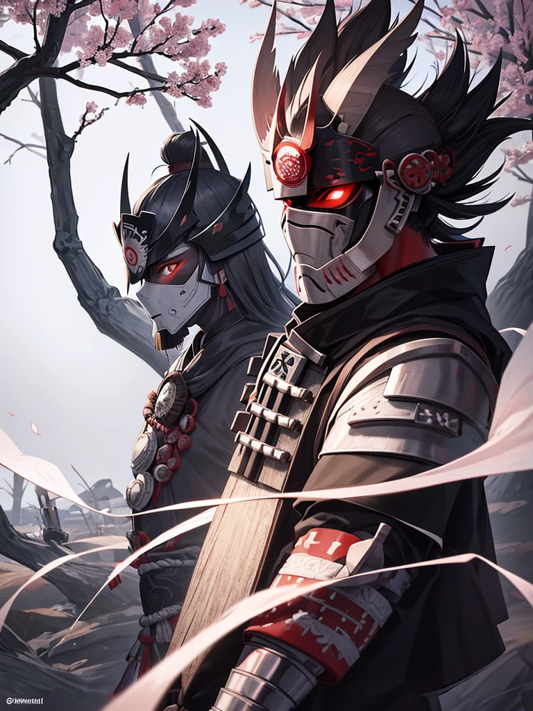 Japanese samurai wear ghost masks,without helmet, urban samurai, epic image, Era,frontal photo,Extremely meticulous,Full armor,frontal photos,relaxing,without helmet,Hair collected,black armor,broken armor,the body is not clean,to bleed,Combat Stance,On the battlefield,standing posture, surrounded cherry trees
