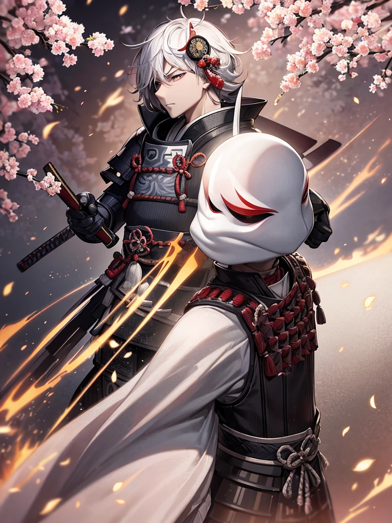 Japanese samurai wear ghost masks,without helmet, urban samurai, epic image, Era,frontal photo,Extremely meticulous,Full armor,frontal photos,relaxing,without helmet,Hair collected,black armor,broken armor,the body is not clean,to bleed,Combat Stance,On the battlefield,standing posture, surrounded cherry trees