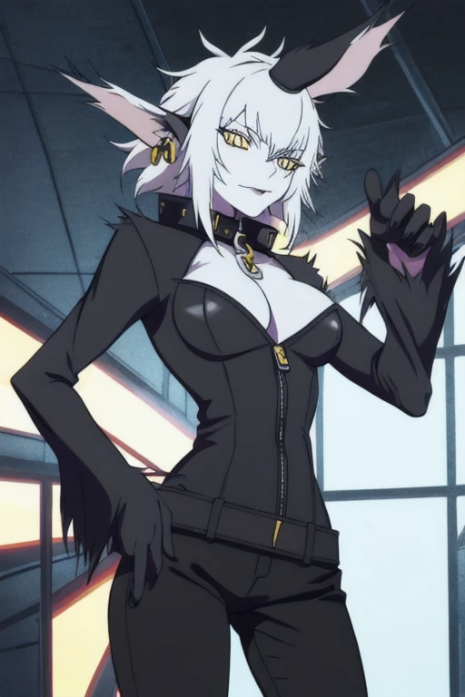 Wolfie, hells, 1girl, solo, furry character, leather pantsuits, wolf ears, white skin, yellow eyes, sexy pose