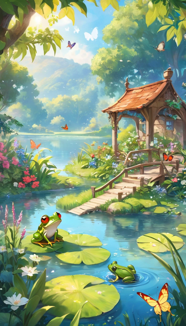 Depict a calm and peaceful lake, Surrounded by lush and colorful plants. On one of the riverbanks, A little frog is sitting, Happy and satisfied. Around the lake, birdsong, etc.、There are other friendly animals too, Butterflies flutter、Dragonflies buzzing around. Taking children into a world of imagination and adventure、Create a magical and enchanting scene!