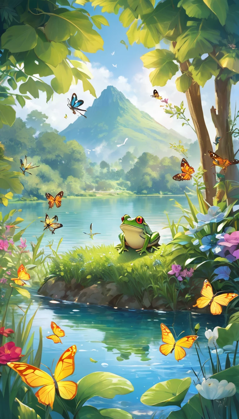 Depict a calm and peaceful lake, Surrounded by lush and colorful plants. On one of the riverbanks, A little frog is sitting, Happy and satisfied. Around the lake, birdsong, etc.、There are other friendly animals too, Butterflies flutter、Dragonflies buzzing around. Taking children into a world of imagination and adventure、Create a magical and enchanting scene!