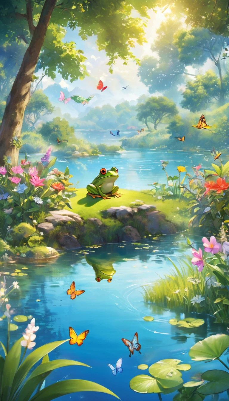 Depict a calm and peaceful lake, Surrounded by lush and colorful plants. On one of the riverbanks, A little frog is sitting, Happy and satisfied. Around the lake, birdsong, etc.、There are other friendly animals too, Butterflies flutter、Dragonflies buzzing around. Taking children into a world of imagination and adventure、Create a magical and enchanting scene!  
