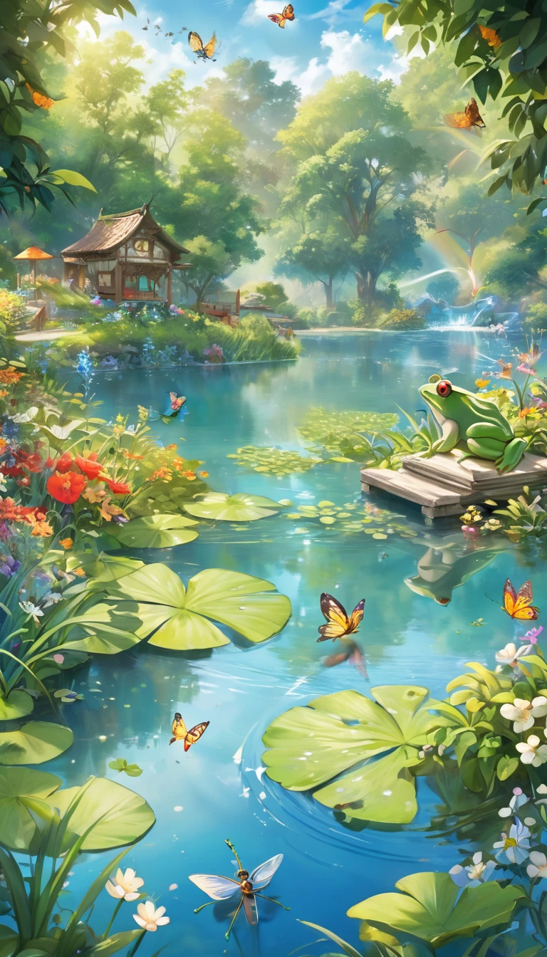 Depict a calm and peaceful lake, Surrounded by lush and colorful plants. On one of the riverbanks, A little frog is sitting, Happy and satisfied. Around the lake, birdsong, etc.、There are other friendly animals too, Butterflies flutter、Dragonflies buzzing around. Taking children into a world of imagination and adventure、Create a magical and enchanting scene!  