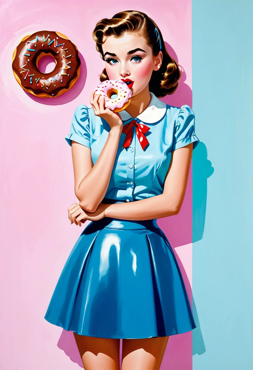 One girl, alone, Eating a donut while standing, American Art、50's, Pop Art,colorful, Life's bliss, graphic design, figure,