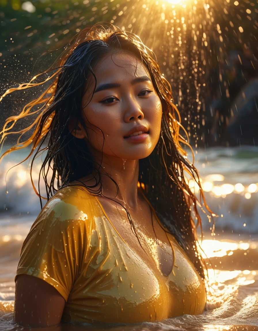 a beautiful busty asian woman, wet t-shirt, beach, surreal waves, glowing skin, dynamic pose, detailed face and features, long flowing hair, water splashing, golden sun rays, vibrant colors, cinematic lighting, photorealistic, (best quality,4k,8k,highres,masterpiece:1.2),ultra-detailed,(realistic,photorealistic,photo-realistic:1.37)
