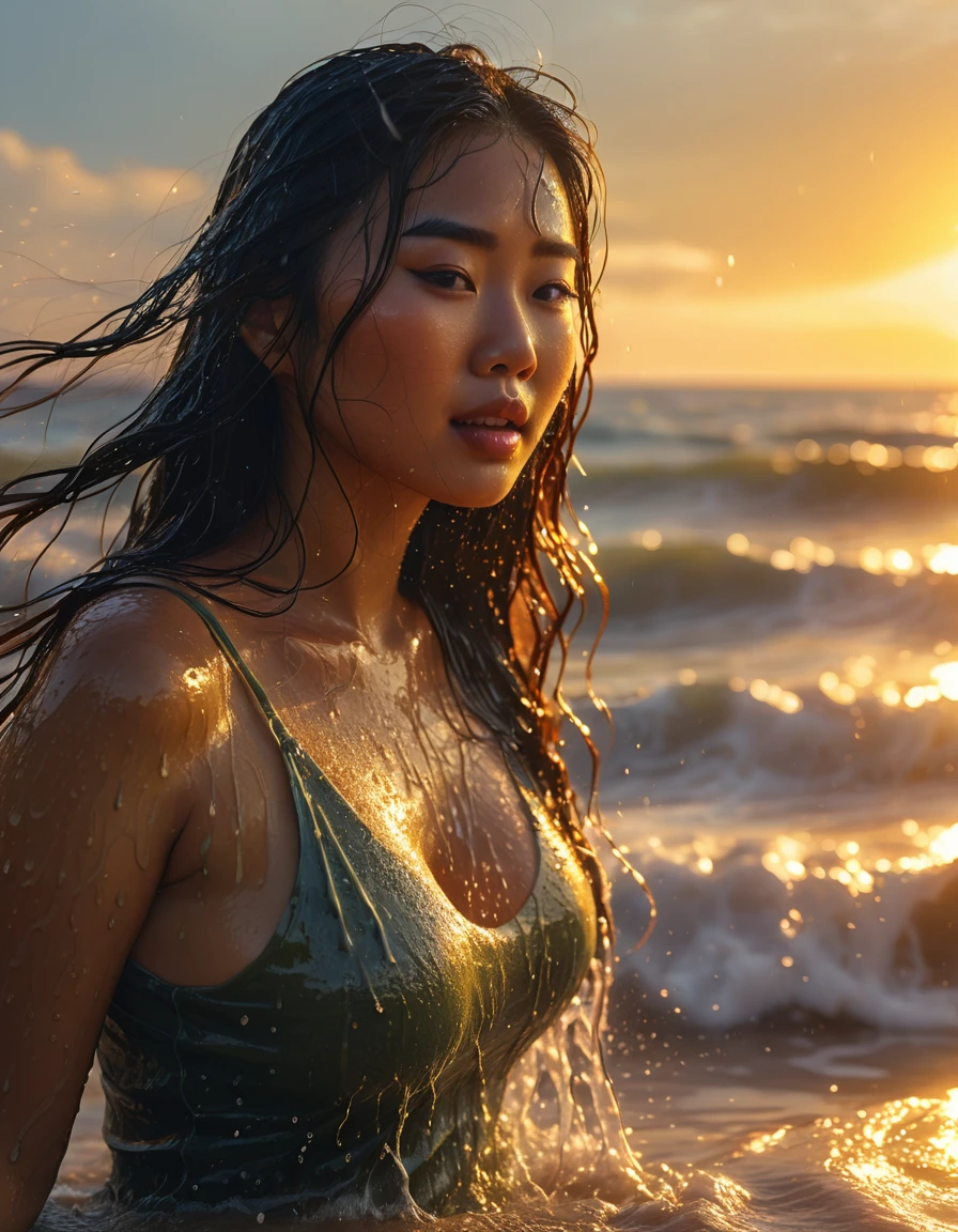 a beautiful busty asian woman, wet t-shirt, beach, surreal waves, glowing skin, dynamic pose, detailed face and features, long flowing hair, water splashing, golden sun rays, vibrant colors, cinematic lighting, photorealistic, (best quality,4k,8k,highres,masterpiece:1.2),ultra-detailed,(realistic,photorealistic,photo-realistic:1.37)