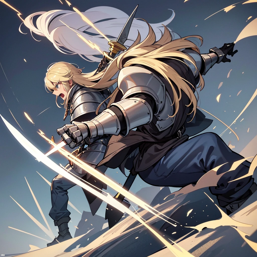(Solo)、(Full body character concept)、Highest quality, Best Quality, Best illustrations, (((Grey Armor)))、(((Blond long hair man、Long-haired man、male、Age 25、Cool guy)))、(Medieval Knight)、(Navy blue trousers)、(get annoyed、Open your mouth)、(Living in the desert)、(White background)、Run、(Grab the sword)、(attack、Same angle、Deathblow、sparks)、Fighting stance、(From the back)