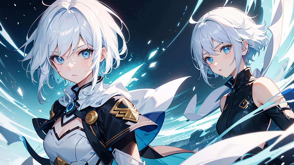 Create an illustration of an anime-style character with white hair and blue eyes。The character has short hair、It's an upside-down style。He is wearing black clothes、Has a calm expression。The background is dark、The character is looking slightly to the side。The scene is indoors、Create an overall dramatic and tense atmosphere。